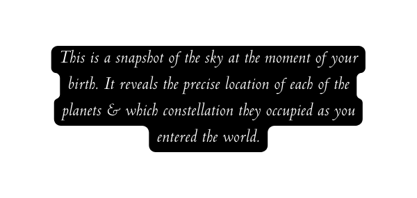 This is a snapshot of the sky at the moment of your birth It reveals the precise location of each of the planets which constellation they occupied as you entered the world